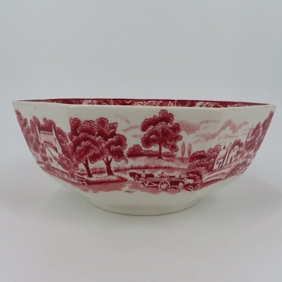 Enoch Woods English Scenery 6.9in Floral Countryside Woodsware Red Bowl England - Picture 3 of 12